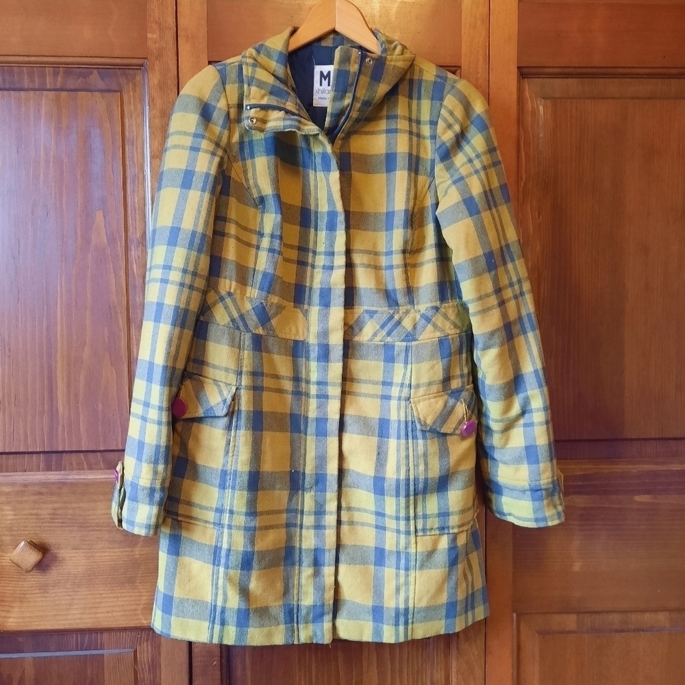 Vintage Y2K Xhilaration wool blend green blue plaid zipper front pea coat size M
